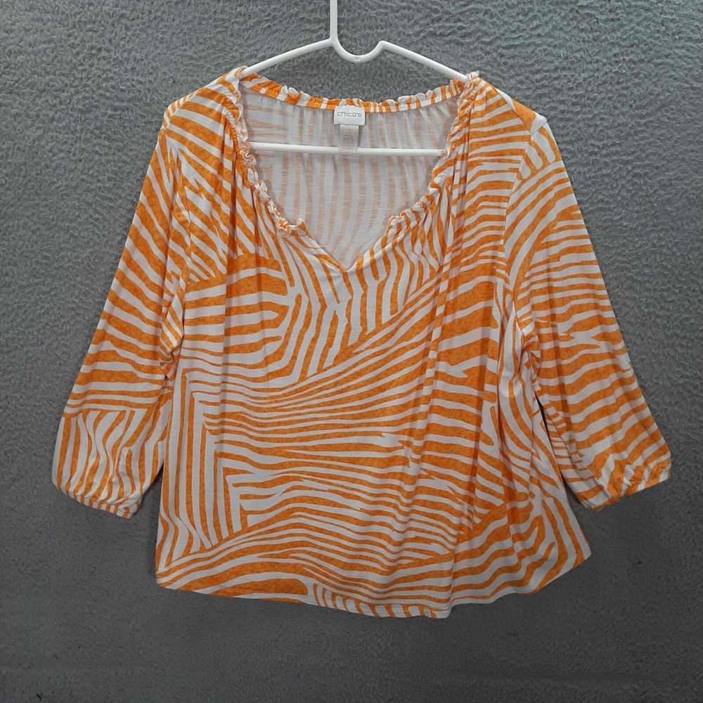 Chicos Shirt Womens 3‎ US XL Petite Yellow White Desert Zebra Pearl Peasant Top